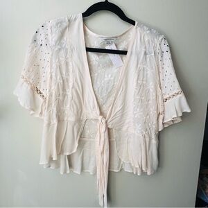 American Eagle Cream Tie-Front Embroidered Women's Top
